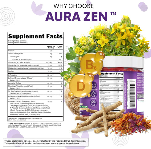 Gummies Gummy AuraZen Mood Support Saffron L-Theanine Ashwagandha Rhodiola St John's Wort Lions Mane GABA Vitamin D