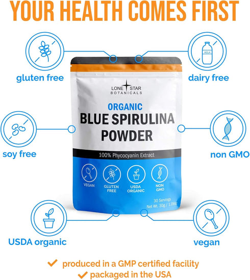 Organic Blue Spirulina Powder - 100% Pure Superfood Blue-Green Algae, 60 Servings, Natural Food Coloring for Smoothies