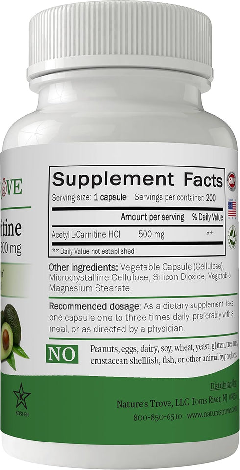 Nature's Trove Acetyl L-Carnitine (ALCAR) 500 mg - 200 Vegetarian Capsules