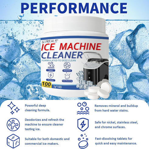 STREALE 100 Countertop Commercial Ice Machine Cleaner Maker and Descaler - Ice Maker Cleaner Tablets Compatible