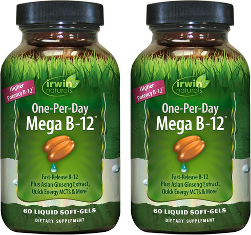 Irwin Naturals One-Per-Day Mega B-12, 1,500mcg High Potency Vitamin, 60 Liquid Softgels, Pack of 2