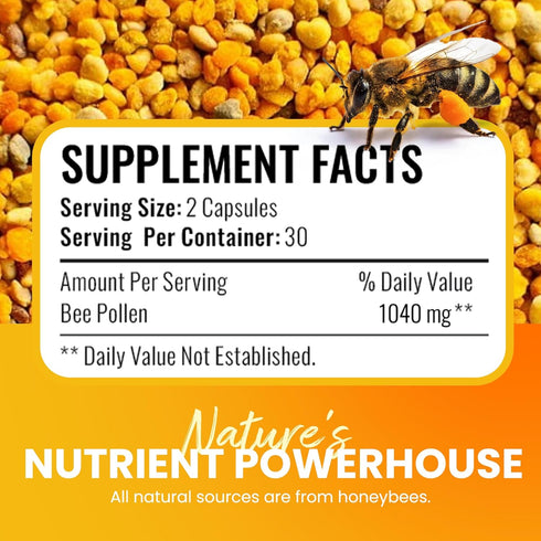 HONEYBEEZONE 100% Natural Raw Bee Pollen Granules - 60 Veggie Capsules, Superfood, Gluten-Free
