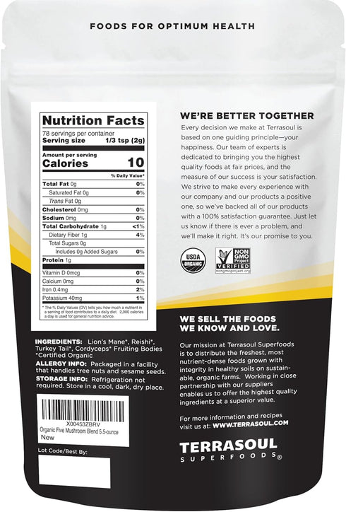 Terrasoul Superfoods Organic Five Mushroom Blend | Adaptogenic | USDA Organic, Vegan, Non-GMO, Gluten-Free | Reishi