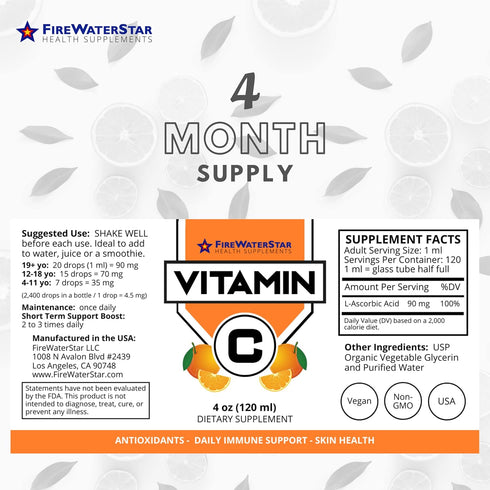 FWS Liquid Vitamin C Drops - Bioactive Vitamin C Liquid Supplement for Adults and Kids - Organic, Non-GMO, Vegan - Pure Ascorbic Acid - Skin Health, Immune Support, Antioxidants - 4oz