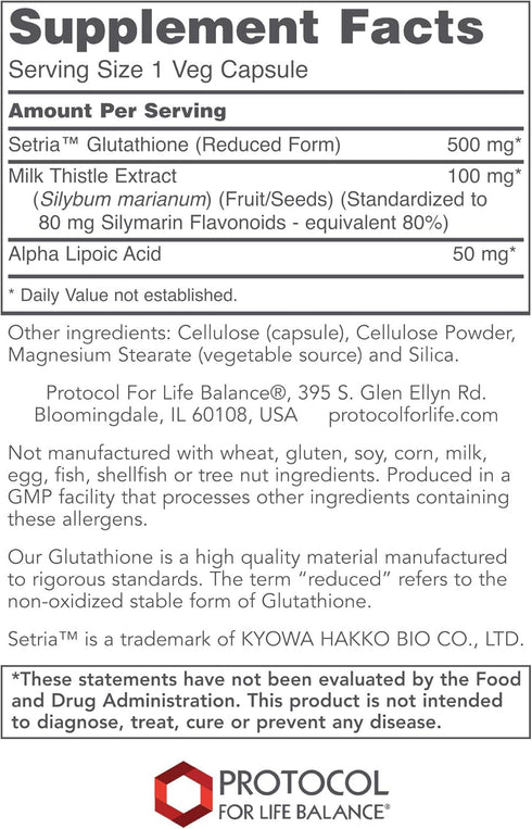 Protocol Glutathione 500mg Immune Support with Milk Thistle Extract & Alpha Lipoic Acid, 60 Veg Caps