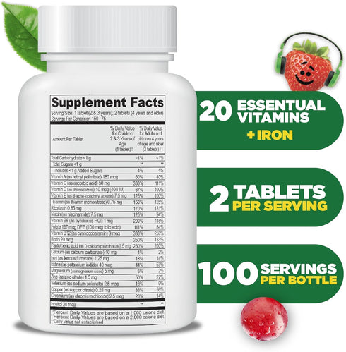 Lifeable Multivitamin & Multimineral with Iron Chewables for Kids, 150 Count, Vegetarian, Gluten Free