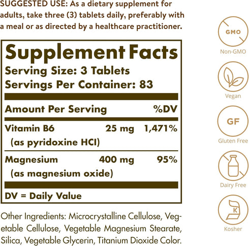 Solgar Magnesium with Vitamin B6, 250 Tablets - Promote Healthy Bone Mineralization, Support Nerve & Muscle Function, Energy Metabolism - Non-GMO, Vegan, Gluten Free, Dairy Free, Kosher - 83 Servings