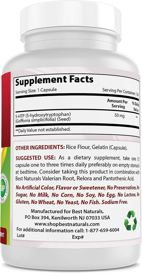Best Naturals 5-HTP 50 mg Capsules, 120 Count, Supports Relaxation & Restful Sleep