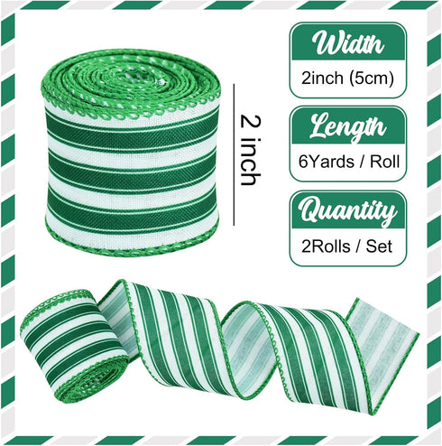 TONIFUL 2 Rolls-2 Inch Green Striped Wired Ribbon, Green and White Stripe Wired Ribbon for Gift Wrapping, Indoor, Bows Making, Wedding Birthday Party Decoration (6yds/roll) by TONIFUL