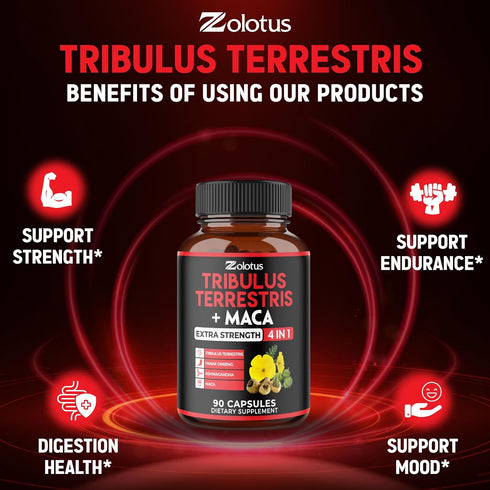 Zolotus Premium Tribulus Terrestris Capsules with Ashwagandha, Panax Ginseng & Maca, 90 Counts for 3 Months