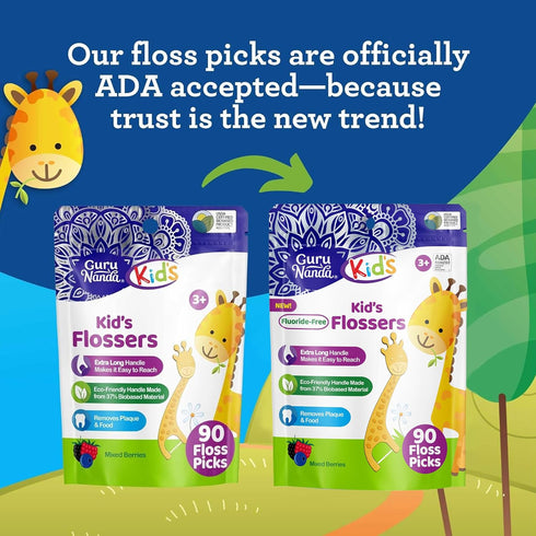 GuruNanda Dental Floss Picks for Kids - Extra-Long Giraffe-Shaped Picks, Fluoride-Free, Eco-Friendly Handle, 90 Count