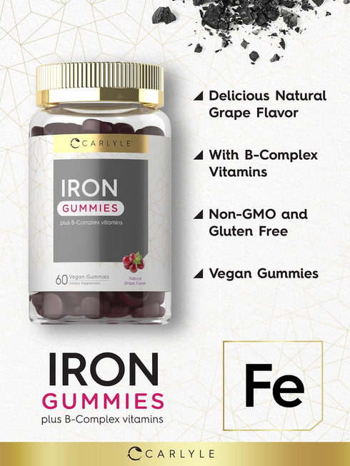 Carlyle Iron Gummies, 60 Vegan Gummies, Plus B-Complex Vitamins, Grape Flavor, Non-GMO, Gluten Free Supplement