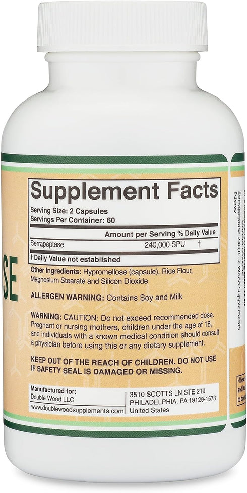 Serrapeptase 240,000 SPU Max Potency, 120 Veggie Capsules - Proteolytic Enzyme for Sinus, Respiratory & Joint Health