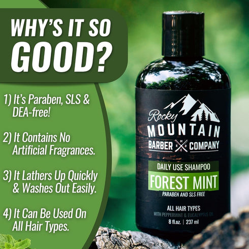 Rocky Mountain Barber Company Men's Shampoo, Tea Tree Oil, Peppermint & Eucalyptus for All Hair Types