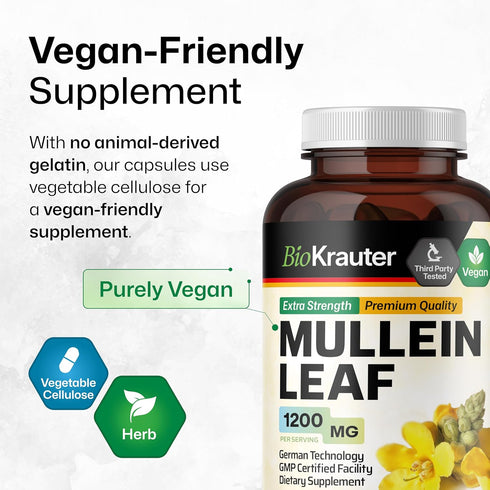 BIO KRAUTER Mullein Capsules for Lung Detox 1200 mg - 250 Count - Vegan Mullein Leaf Capsules for Respiratory Support -