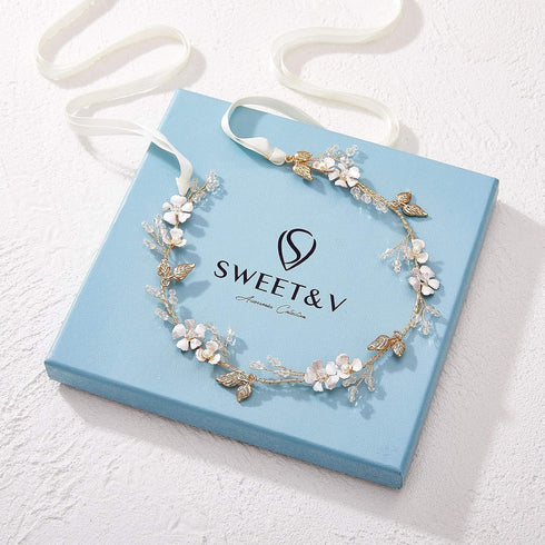 SWEETV Handmade Wedding Headband, Flower-Leaf Bridal Headpieces for Wedding Hair Accessories