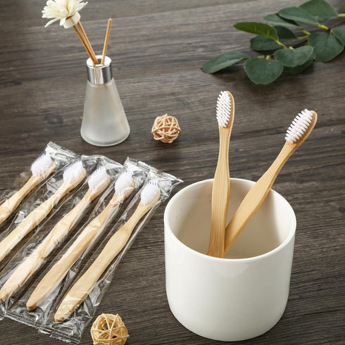 100 Packs Prepasted Disposable Toothbrush, Bamboo Handles, Individually Wrapped, Homeless Gift Set