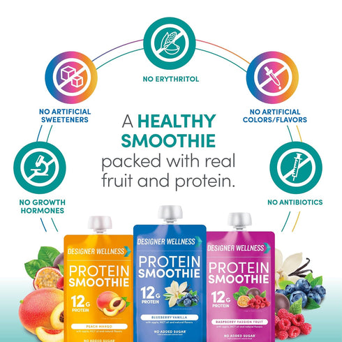 Designer Wellness Protein Smoothie, Real Fruit, 12g Protein, Low Carb, Zero Added Sugar, 12 Count