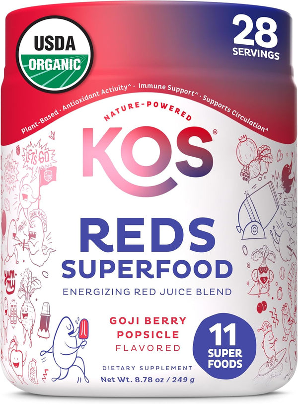 KOS Reds Superfood Powder for Antioxidants, USDA Organic Beet Root, Goji Berries, Acai, Pomegranate, 28 Servings