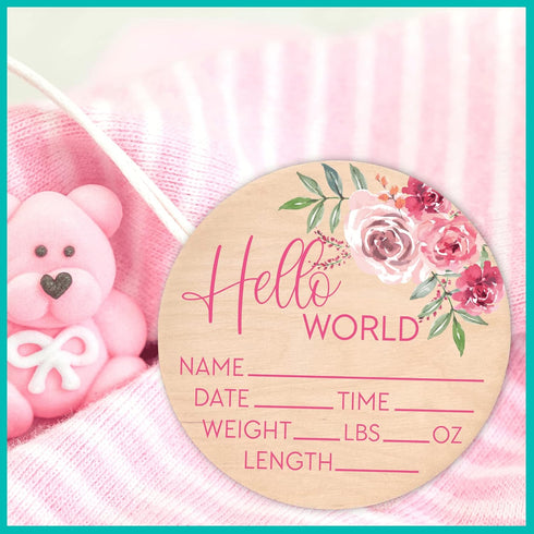 Hello World Sign for Newborn Baby Birth Stat Sign Floral Baby Sign for Hospital Baby Name Sign Pregnancy Announcement