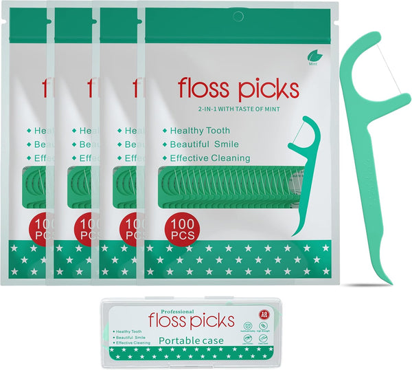 Mint Dental Floss Picks, 400 Count Tooth Picks Flossers with Portable Travel Cases (Mint)