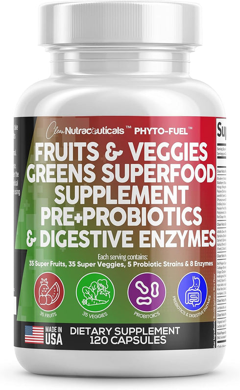 Clean Nutraceuticals Fruits and Veggies Supplement, 120 Capsules, Reds & Greens Superfood with Probiotics & Digestive