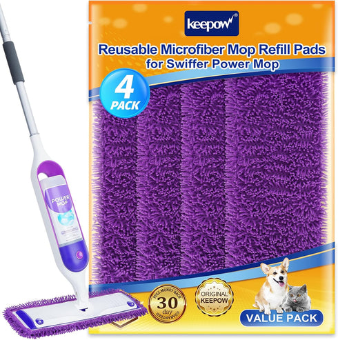 KEEPOW Reusable Power Mop Refill Pads, 4 Pack, Compatible with Swiffer PowerMop, Microfiber for Hardwood Cleaning