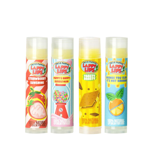 Lappy Lips Organic 100% Natural Lip Balm Chap Stick for Kids, Toddlers (4 flavors) - Organic Essential Oil for Dry