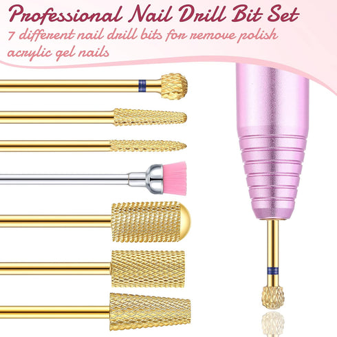 Hestya 7 Pieces Nail Drill Bits Set, Tungsten Carbide Drill Bits for Nails Electric File, Gold