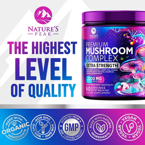 Mushroom Supplement Powder - 11 in 1 Complex Nootropic & Adaptogens Blend, Organic Mushrooms, 60 Servings