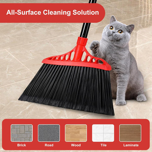 Heavy Duty Broom with 55" Long Handle - Black and Red Angle Broom for Indoor, Outdoor, Kitchen