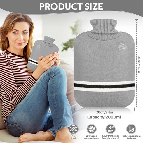 Hot Water Bottle with Cover - 2L Bag for Menstrual Cramps and Pain Relief, Hot and Cold Compress (Gray)