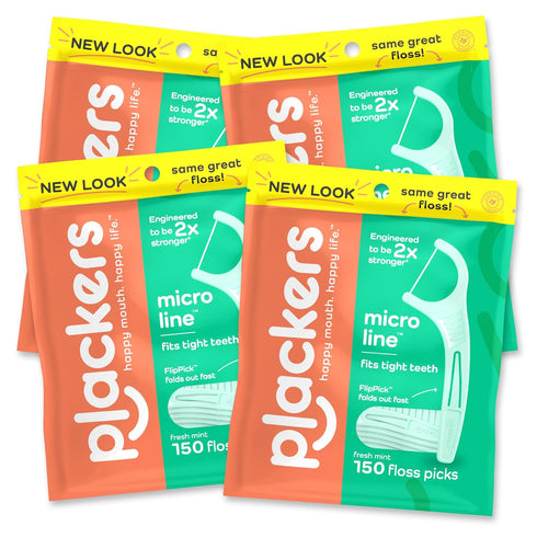 Plackers Micro Line Dental Floss Picks, Fold-Out FlipPick, Tuffloss, 150 Count, Fresh Mint Flavor, Pack of 4
