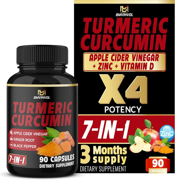 Turmeric Curcumin Supplement with Ginger, Apple Cider Vinegar, Black Pepper - 90 Count - 3 Month Supply
