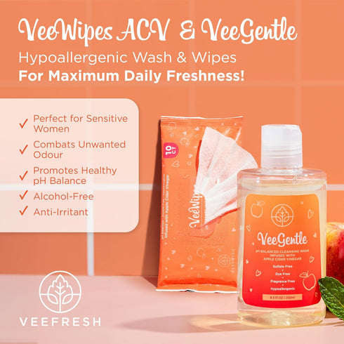 VeeFresh VeeDaily - VeeGentle Intimate Wash & VeeWipes ACV Sensitive Vee Bundle - Apple Cider Vinegar Infused Female