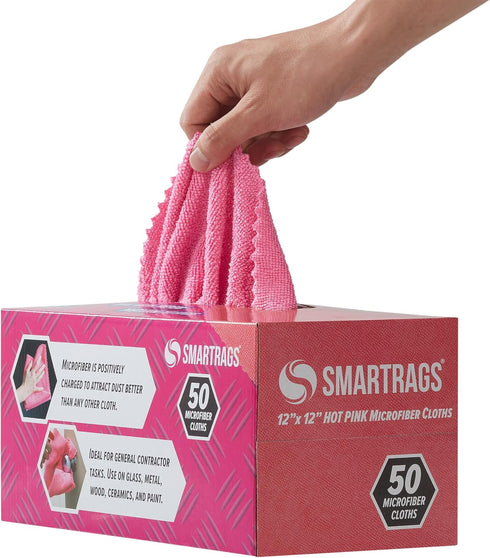 Arkwright Smart Rags in Box - (Pack of 50) Lint Free Microfiber Cleaning Cloths, 12 x 12 in, Pink