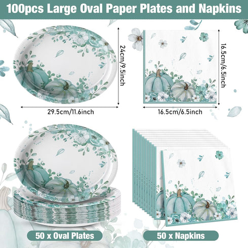 Maxdot 100 10 12 Inch Set 50 Pcs Fall Plates and Napkins x Heavy Duty Oval Thanksgiving Paper Plates Disposable