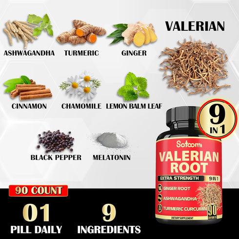 Valerian Root Capsules - 9 Natural Herbs including Ashwagandha, Turmeric, Ginger, Ceylon Cinnamon (90 Caps)