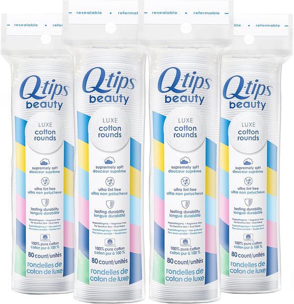 Q-Tips Beauty Luxe Cotton Rounds, 80 Count 4-Pack, Hypoallergenic Makeup Remover Pads