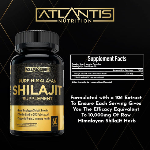 Shilajit Supplement - 60 Capsules Pure Himalayan Authentic Shilaijt Resin with 20% Fulvic Acid for Energy Support