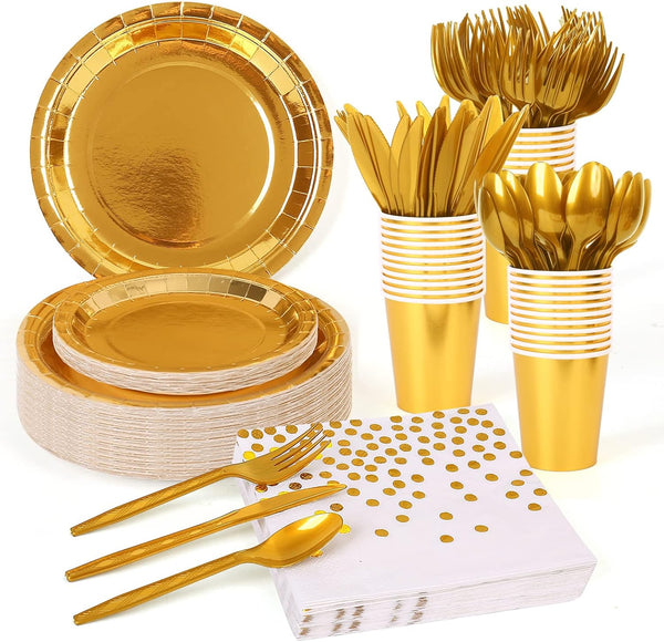 175 Pieces Gold Disposable Party Dinnerware Set - Gold Plates, Napkins, Cups, Plastic Forks, Knives, Spoons