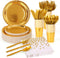 175 Pieces Gold Disposable Party Dinnerware Set - Gold Plates, Napkins, Cups, Plastic Forks, Knives, Spoons