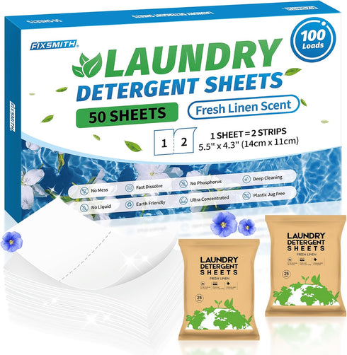 FIXSMITH Laundry Detergent Sheets, 100 Loads (50 Sheets), Fresh Linen Scent, Eco Friendly, Plastic-Free