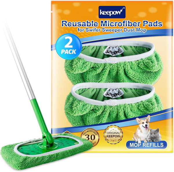 KEEPOW Reusable Microfiber Mop Pads for Swiffer Sweeper Mop, 2 Pack Washable Wet Pad Refills for Hardwood Floor