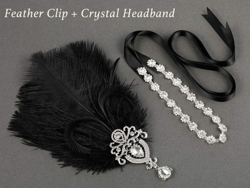 SWEETV 1920s Black Feather Headpiece, Women's Ostrich Feather Crystal Headband for Great Gatsby Hair Accessories