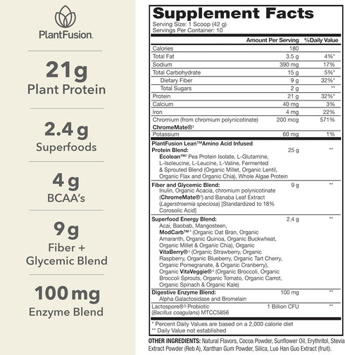 PlantFusion Complete Lean Plant Based Protein Powder - Chocolate Brownie 1 lb - Vegan, Gluten Free, Non-GMO