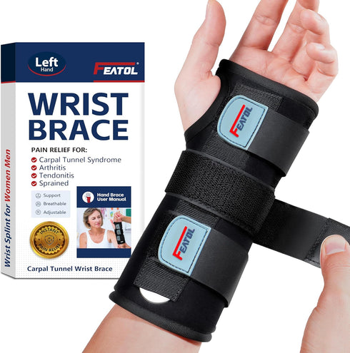 FEATOL Wrist Brace for Carpal Tunnel, Adjustable Night Support Brace with Splints, Left Hand, Large/X-Large for