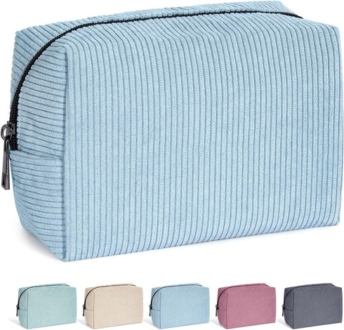 MAANGE Small Makeup Bag for Women - Corduroy Travel Pouch with Metal Zipper (BLUE)