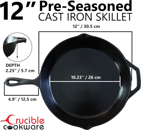 12-Inch Cast Iron Skillet Set (Pre-Seasoned) with Large & Assist Silicone Hot Handle Holders, Glass Lid, Scraper &