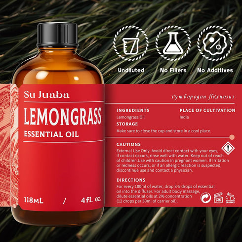SU JUABA 4 Oz, 100% 118ML Lemongrass Essential Oil Pure Natural Aromatherapy Oil for Diffuser, Skin Care, Candle